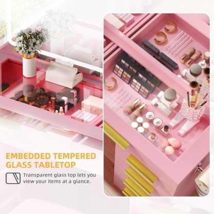 DWVO Makeup Vanity with LED Mirror and Charging Ports, 10-Drawer Vanity Set with Glass Top, Hair Dryer Holder, 3 Adjustable Light Colors, and Hidden Storage Stool