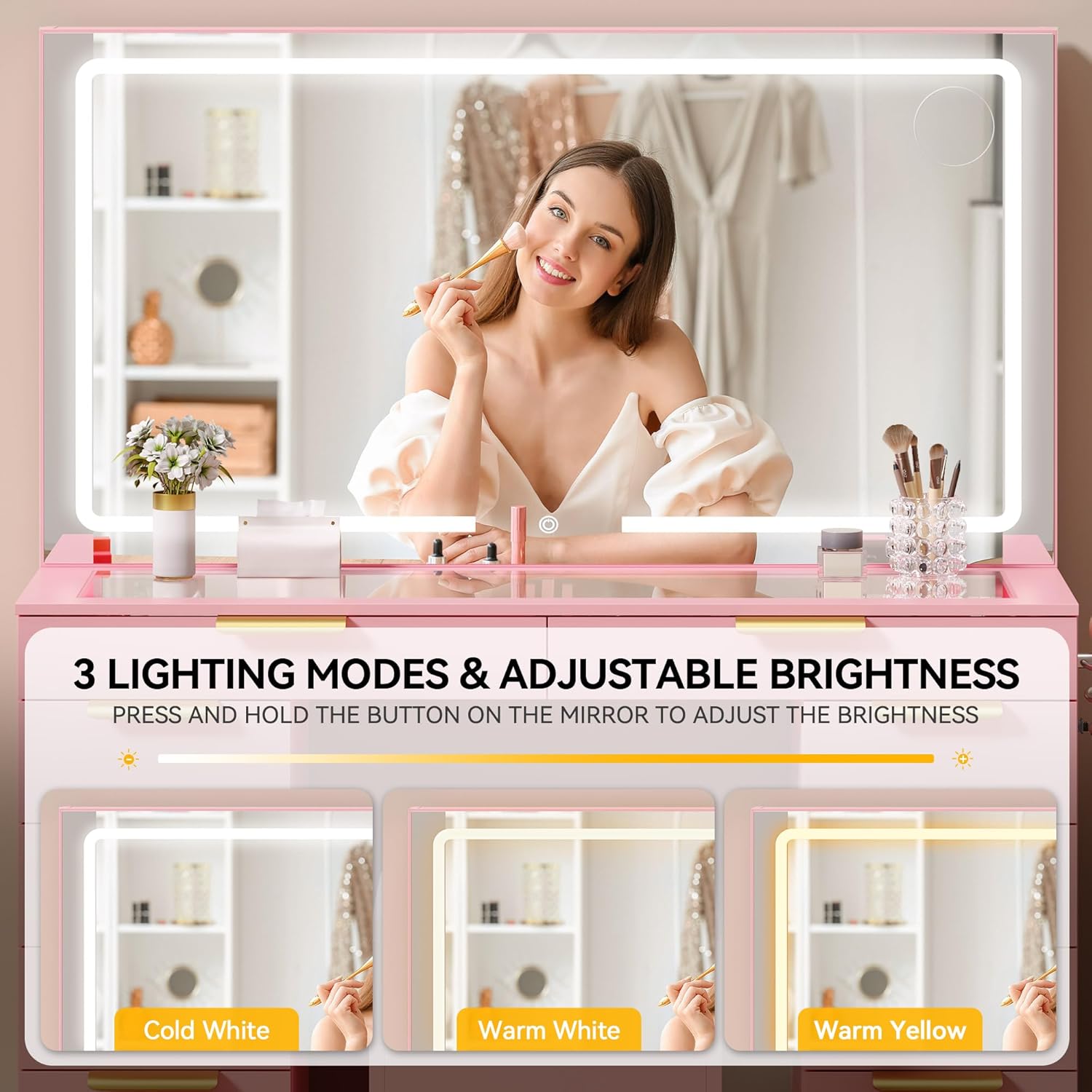 DWVO Makeup Vanity with LED Mirror and Charging Ports, 10-Drawer Vanity Set with Glass Top, Hair Dryer Holder, 3 Adjustable Light Colors, and Hidden Storage Stool