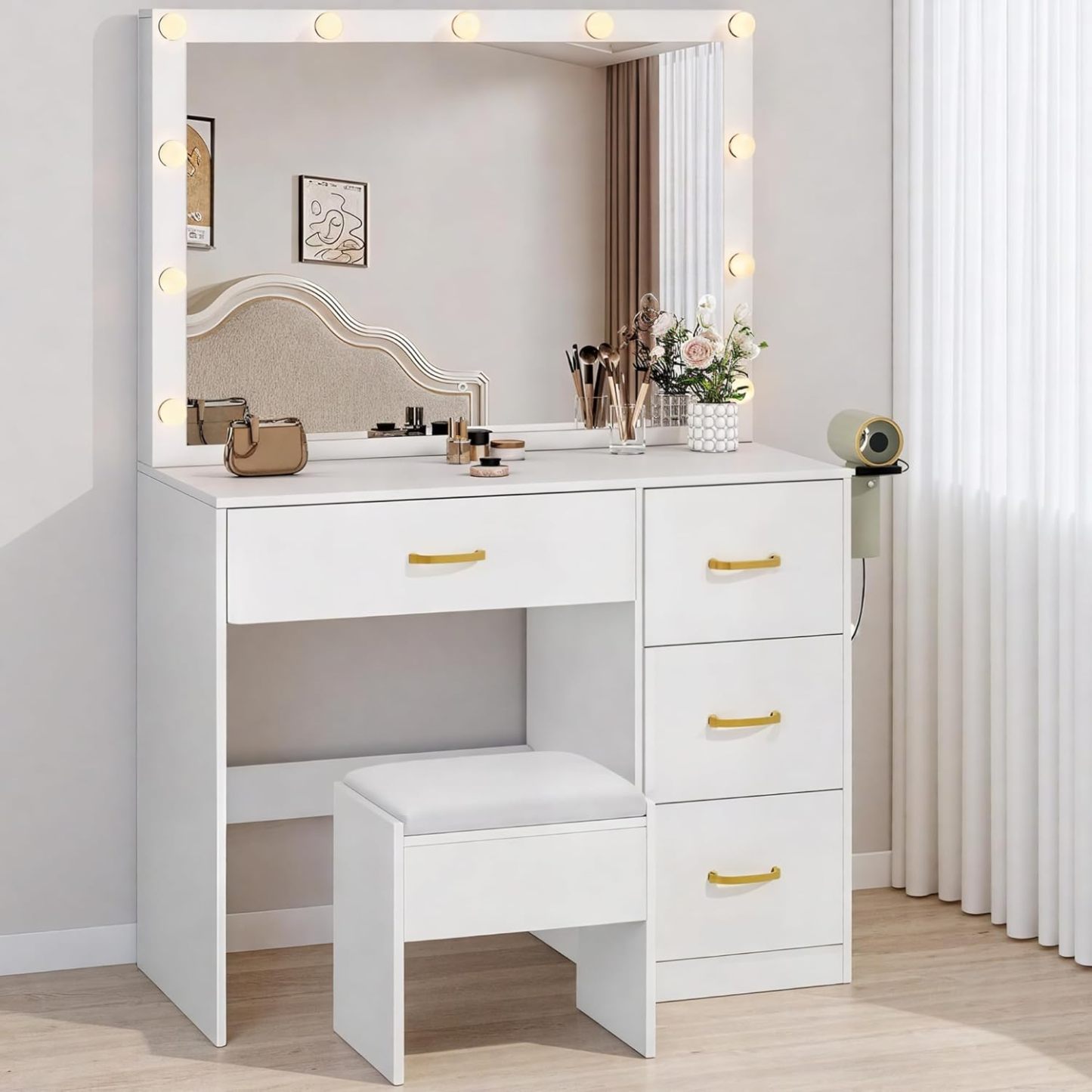 DWVO Makeup Vanity with LED Mirror and Charging Ports, 10-Drawer Vanity Set with Glass Top, Hair Dryer Holder, 3 Adjustable Light Colors, and Hidden Storage Stool