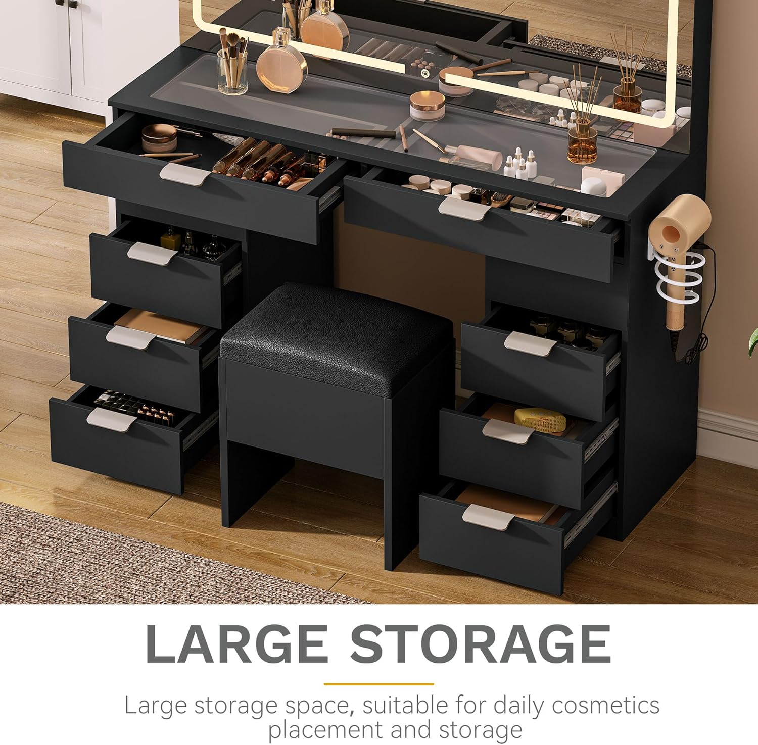 DWVO Makeup Vanity with LED Mirror and Charging Ports, 10-Drawer Vanity Set with Glass Top, Hair Dryer Holder, 3 Adjustable Light Colors, and Hidden Storage Stool