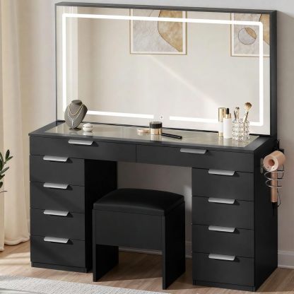 DWVO Makeup Vanity with LED Mirror and Charging Ports, 10-Drawer Vanity Set with Glass Top, Hair Dryer Holder, 3 Adjustable Light Colors, and Hidden Storage Stool