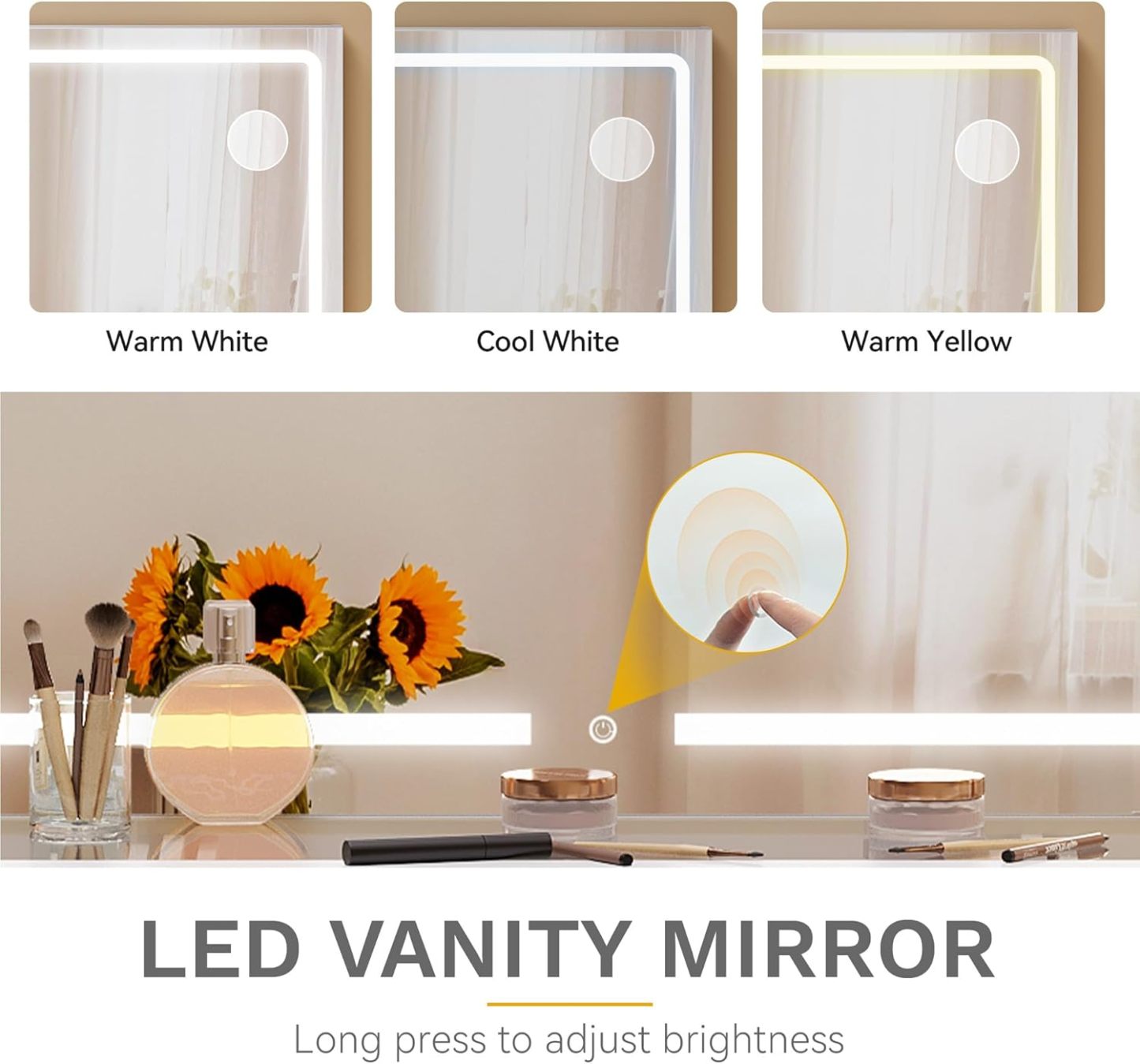 DWVO Makeup Vanity with LED Mirror and Charging Ports, 10-Drawer Vanity Set with Glass Top, Hair Dryer Holder, 3 Adjustable Light Colors, and Hidden Storage Stool