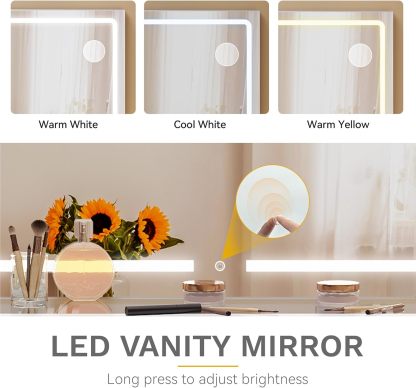 DWVO Makeup Vanity with LED Mirror and Charging Ports, 10-Drawer Vanity Set with Glass Top, Hair Dryer Holder, 3 Adjustable Light Colors, and Hidden Storage Stool