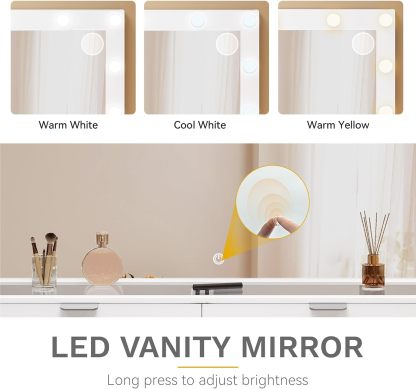 DWVO Makeup Vanity with LED Mirror and Charging Ports, 10-Drawer Vanity Set with Glass Top, Hair Dryer Holder, 3 Adjustable Light Colors, and Hidden Storage Stool