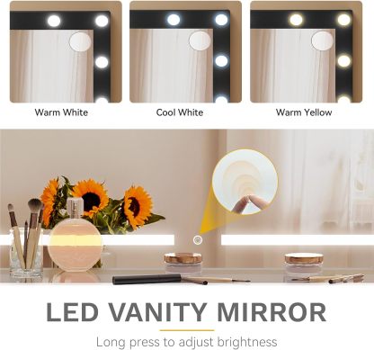 DWVO Makeup Vanity with LED Mirror and Charging Ports, 10-Drawer Vanity Set with Glass Top, Hair Dryer Holder, 3 Adjustable Light Colors, and Hidden Storage Stool