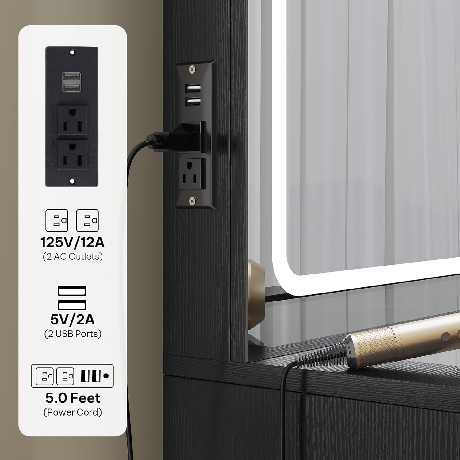 DWVO Makeup Vanity with LED Mirror and Charging Ports, 10-Drawer Vanity Set with Glass Top, Hair Dryer Holder, 3 Adjustable Light Colors, and Hidden Storage Stool