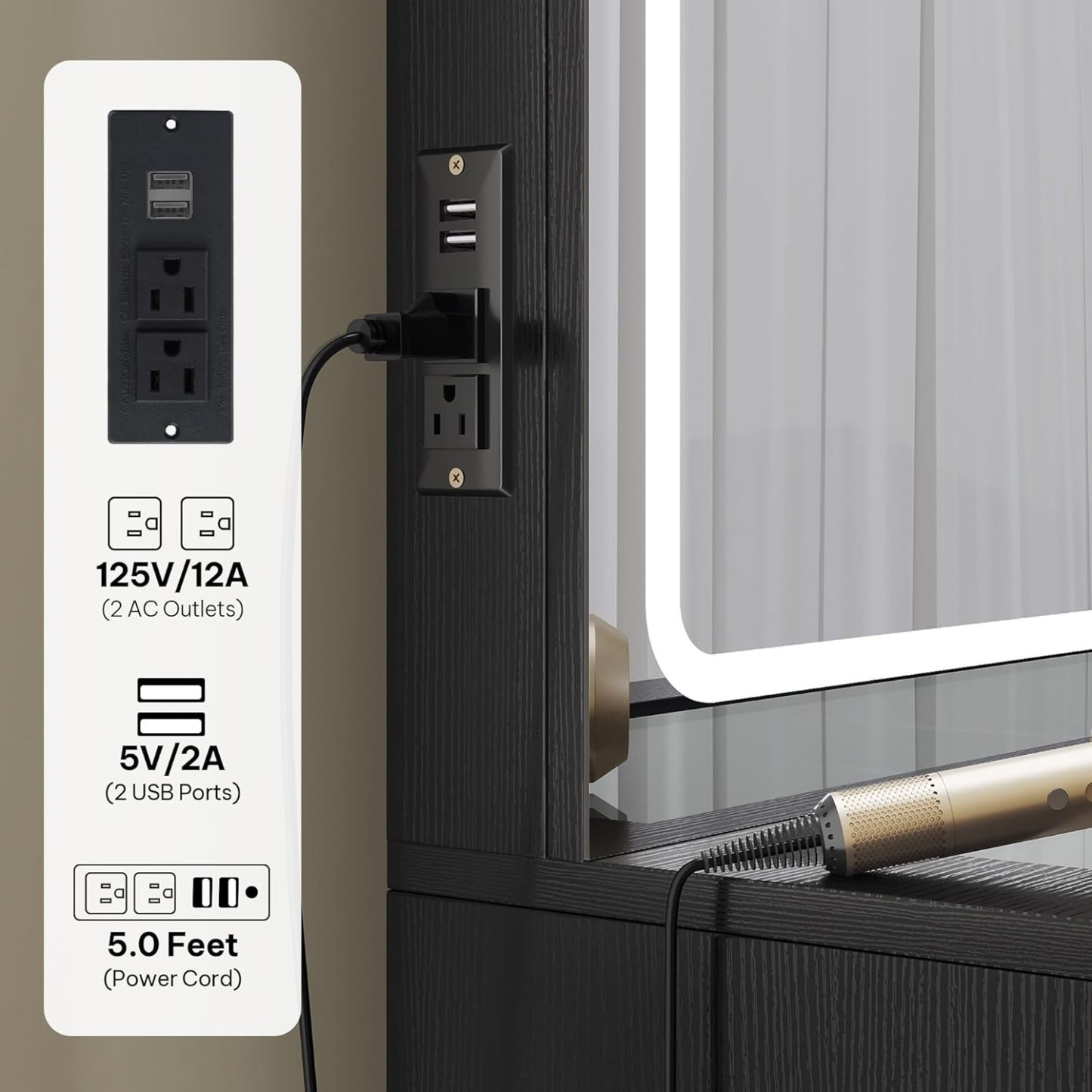 DWVO Makeup Vanity with LED Mirror and Charging Ports, 10-Drawer Vanity Set with Glass Top, Hair Dryer Holder, 3 Adjustable Light Colors, and Hidden Storage Stool