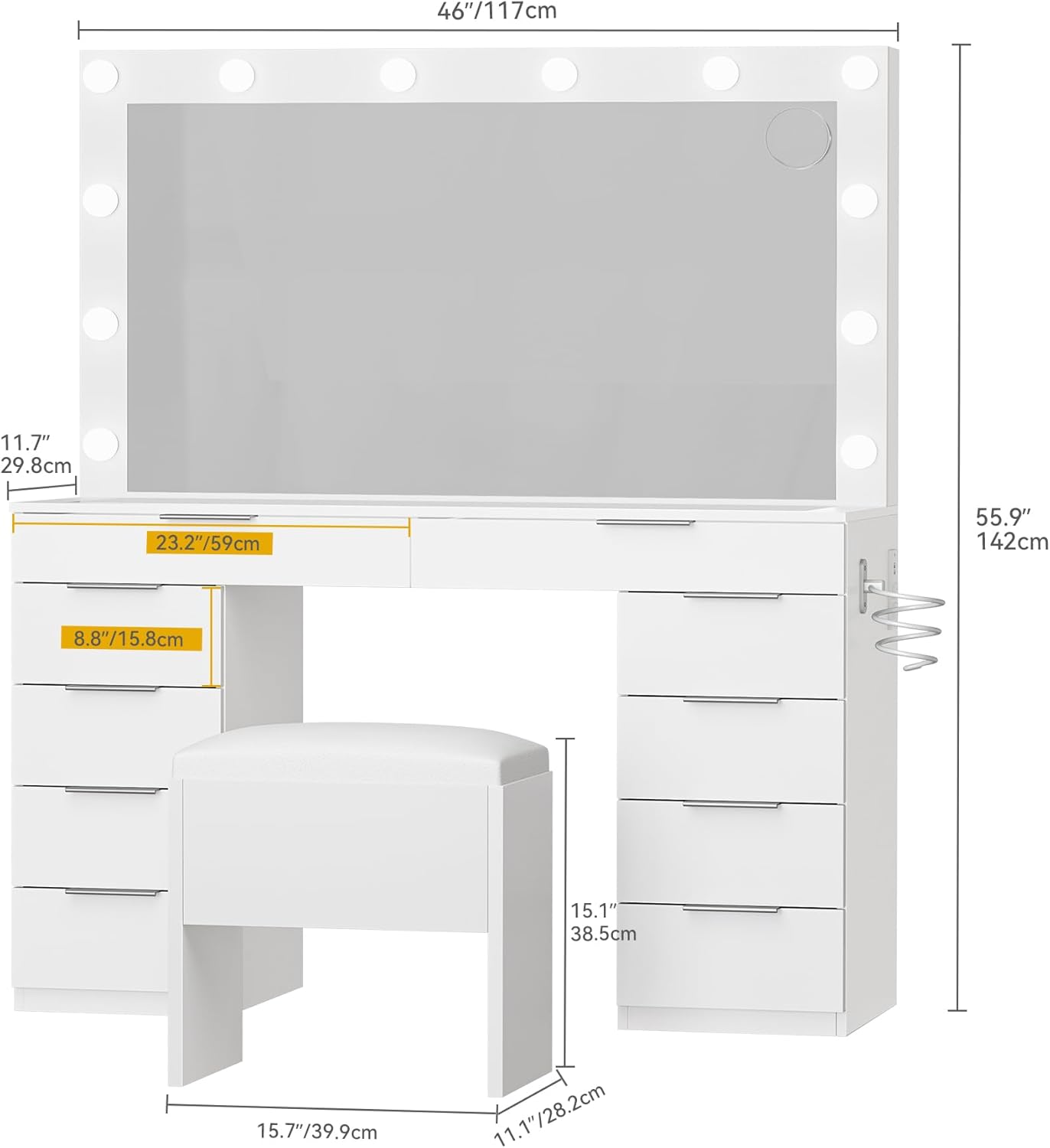 DWVO Makeup Vanity with LED Mirror and Charging Ports, 10-Drawer Vanity Set with Glass Top, Hair Dryer Holder, 3 Adjustable Light Colors, and Hidden Storage Stool