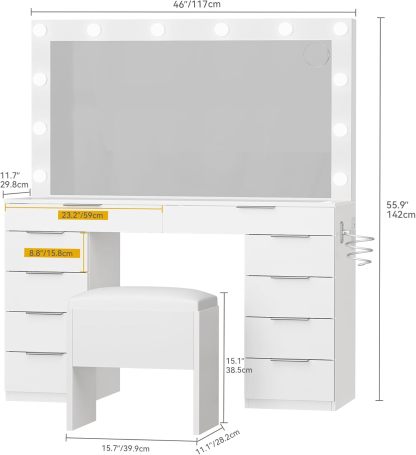 DWVO Makeup Vanity with LED Mirror and Charging Ports, 10-Drawer Vanity Set with Glass Top, Hair Dryer Holder, 3 Adjustable Light Colors, and Hidden Storage Stool