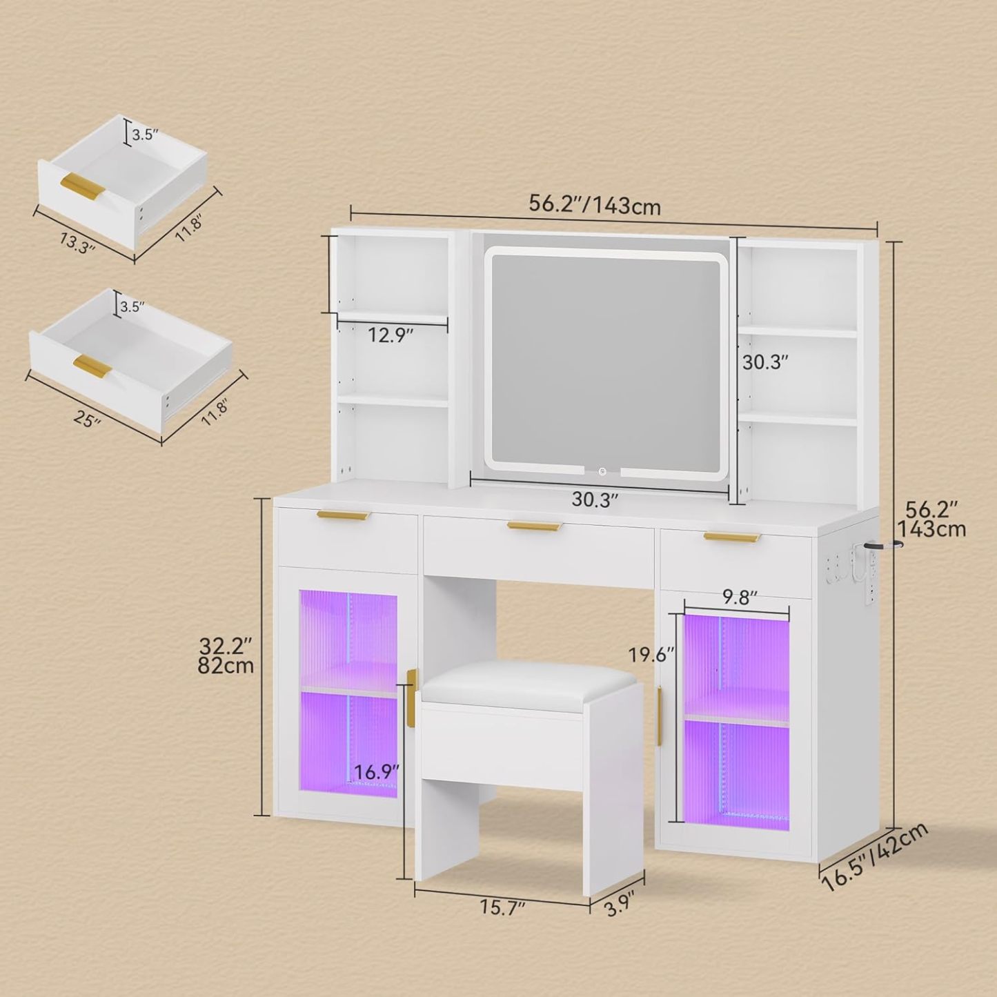 DWVO Makeup Vanity with LED Mirror and Charging Ports, 10-Drawer Vanity Set with Glass Top, Hair Dryer Holder, 3 Adjustable Light Colors, and Hidden Storage Stool