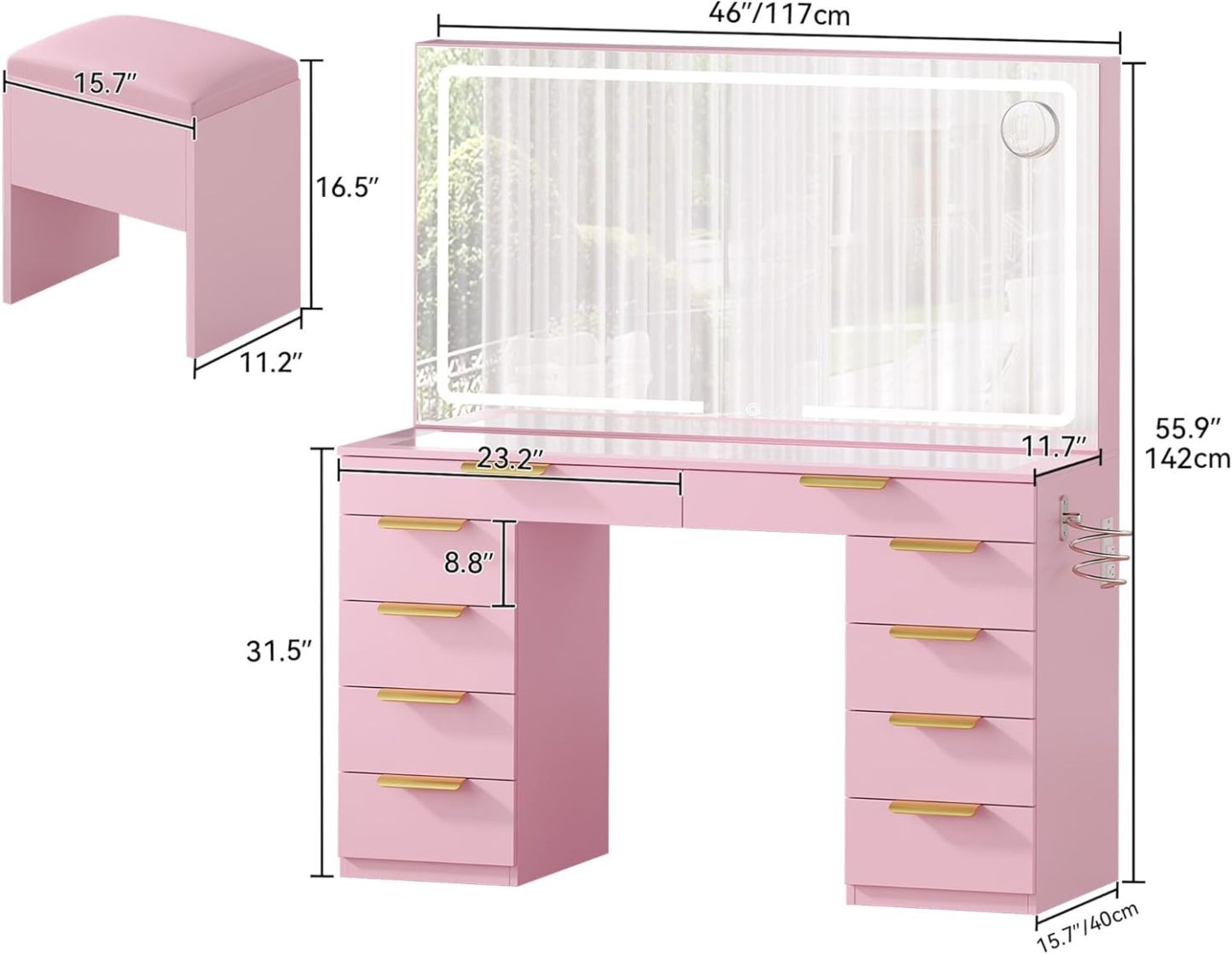 DWVO Makeup Vanity with LED Mirror and Charging Ports, 10-Drawer Vanity Set with Glass Top, Hair Dryer Holder, 3 Adjustable Light Colors, and Hidden Storage Stool