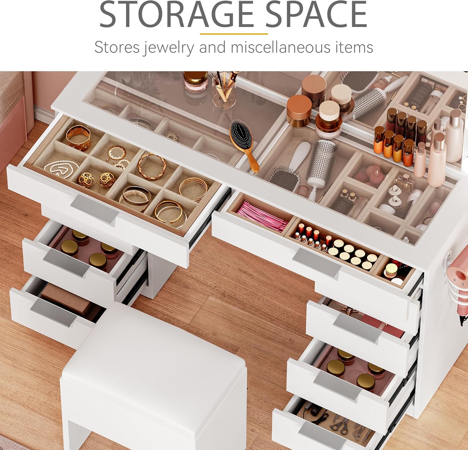 DWVO Makeup Vanity with LED Mirror and Charging Ports, 10-Drawer Vanity Set with Glass Top, Hair Dryer Holder, 3 Adjustable Light Colors, and Hidden Storage Stool