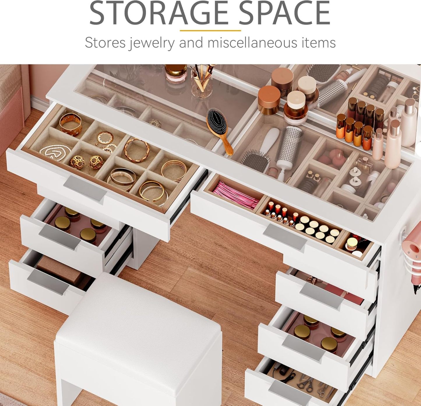 DWVO Makeup Vanity with LED Mirror and Charging Ports, 10-Drawer Vanity Set with Glass Top, Hair Dryer Holder, 3 Adjustable Light Colors, and Hidden Storage Stool