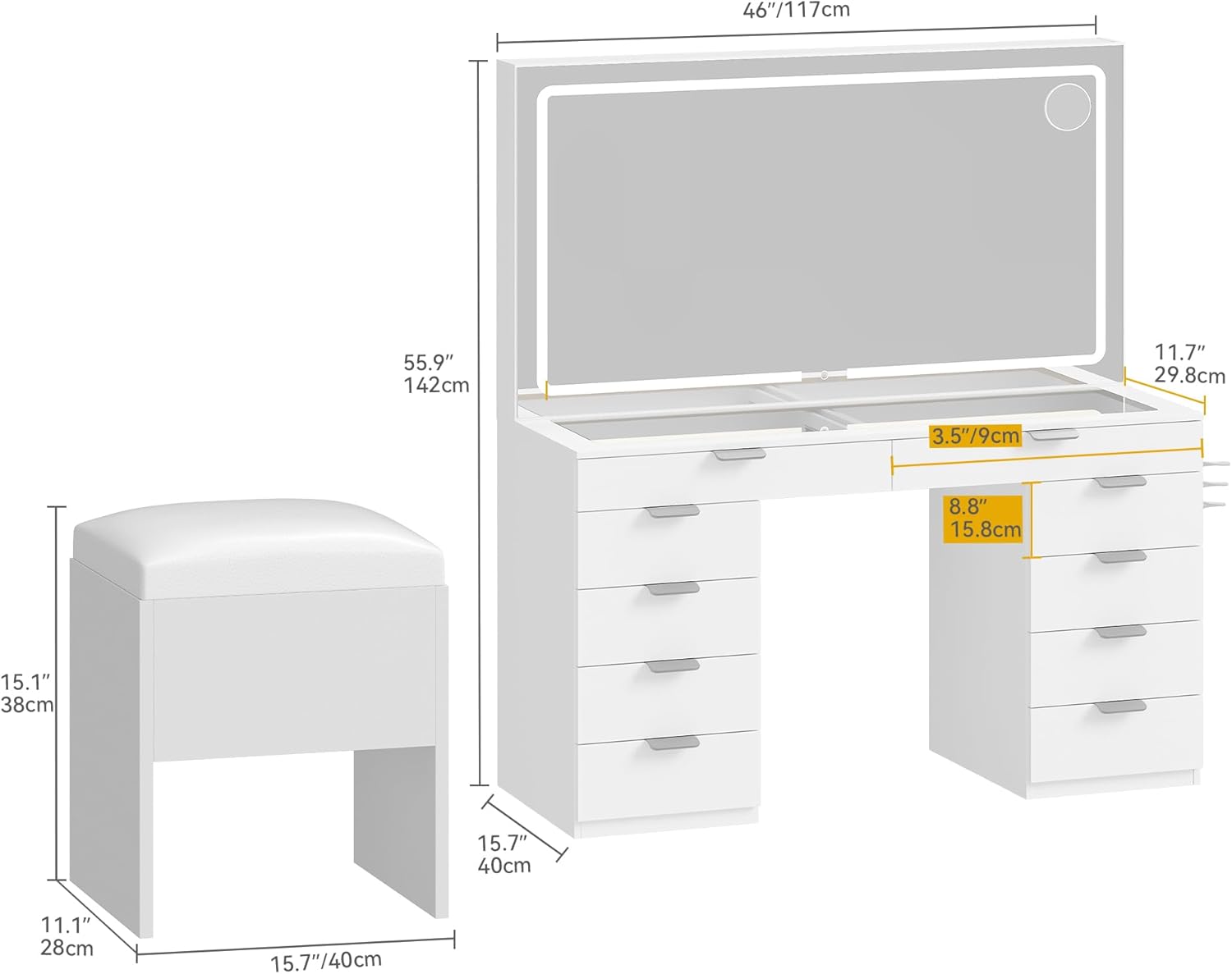DWVO Makeup Vanity with LED Mirror and Charging Ports, 10-Drawer Vanity Set with Glass Top, Hair Dryer Holder, 3 Adjustable Light Colors, and Hidden Storage Stool