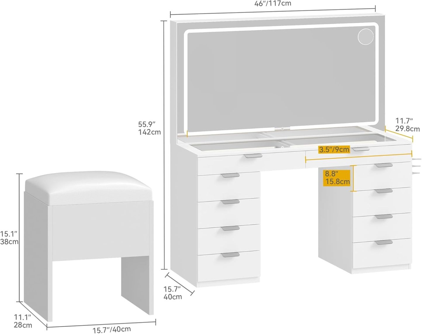 DWVO Makeup Vanity with LED Mirror and Charging Ports, 10-Drawer Vanity Set with Glass Top, Hair Dryer Holder, 3 Adjustable Light Colors, and Hidden Storage Stool