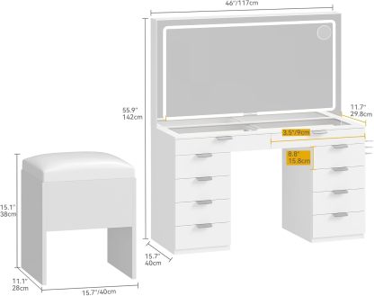 DWVO Makeup Vanity with LED Mirror and Charging Ports, 10-Drawer Vanity Set with Glass Top, Hair Dryer Holder, 3 Adjustable Light Colors, and Hidden Storage Stool