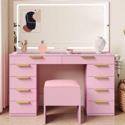 DWVO Makeup Vanity with LED Mirror and Charging Ports, 10-Drawer Vanity Set with Glass Top, Hair Dryer Holder, 3 Adjustable Light Colors, and Hidden Storage Stool
