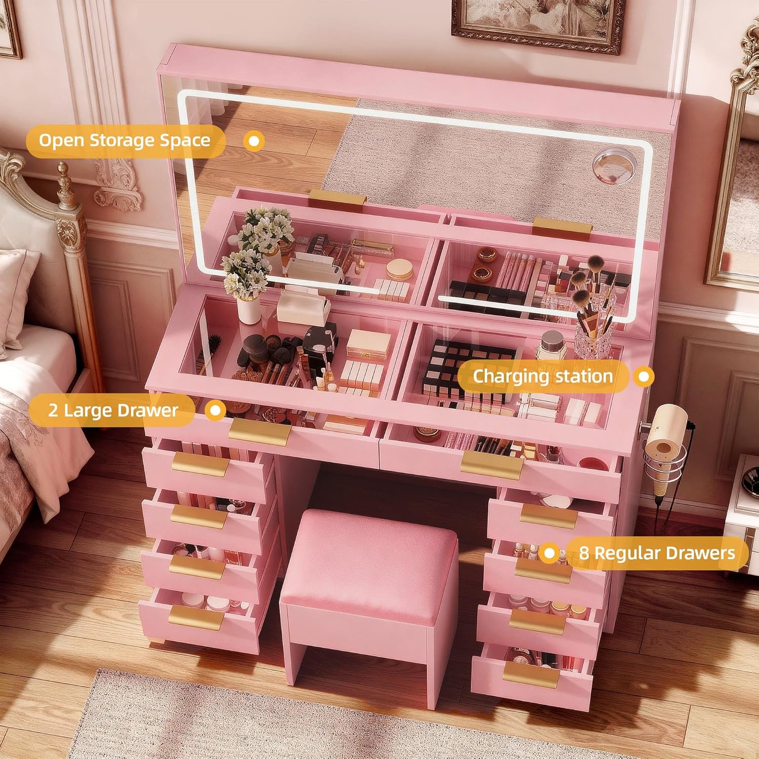 DWVO Makeup Vanity with LED Mirror and Charging Ports, 10-Drawer Vanity Set with Glass Top, Hair Dryer Holder, 3 Adjustable Light Colors, and Hidden Storage Stool