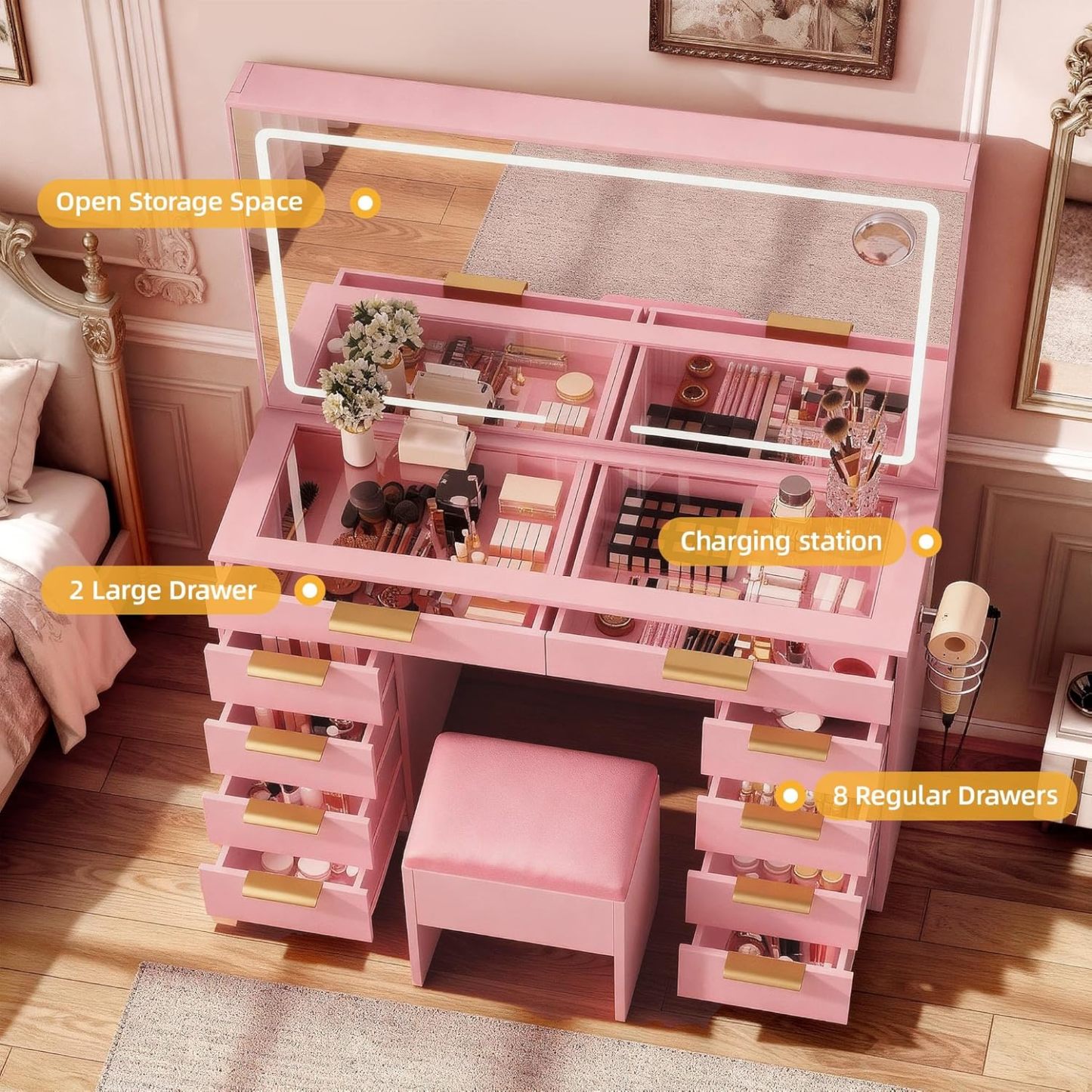 DWVO Makeup Vanity with LED Mirror and Charging Ports, 10-Drawer Vanity Set with Glass Top, Hair Dryer Holder, 3 Adjustable Light Colors, and Hidden Storage Stool