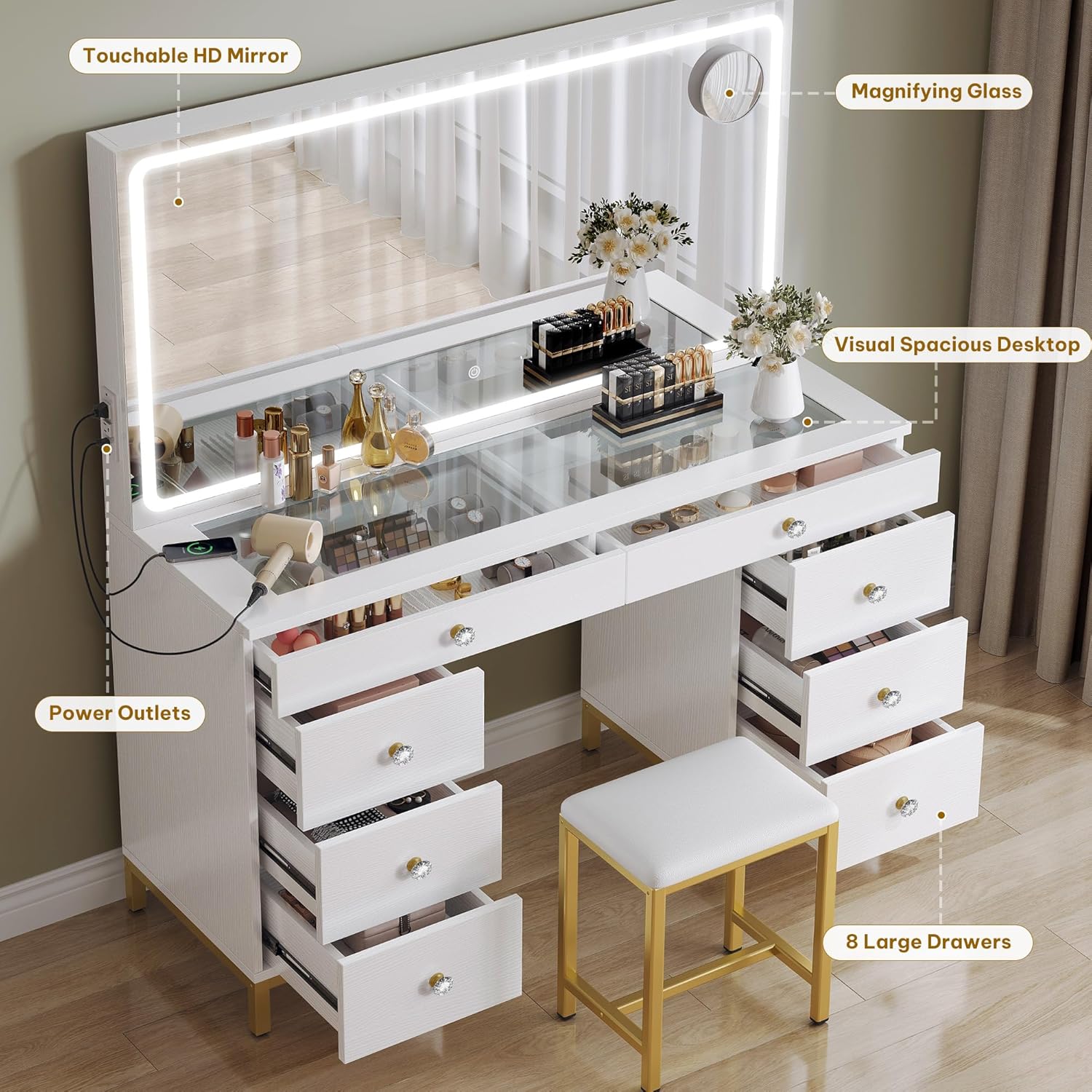 DWVO Makeup Vanity with LED Mirror and Charging Ports, 10-Drawer Vanity Set with Glass Top, Hair Dryer Holder, 3 Adjustable Light Colors, and Hidden Storage Stool
