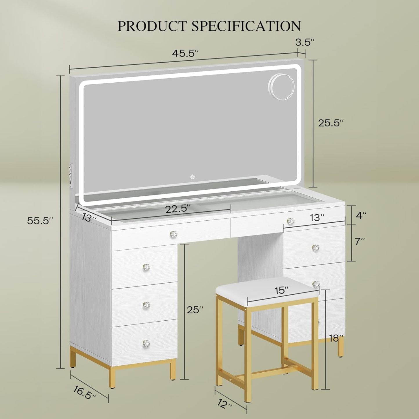 DWVO Makeup Vanity with LED Mirror and Charging Ports, 10-Drawer Vanity Set with Glass Top, Hair Dryer Holder, 3 Adjustable Light Colors, and Hidden Storage Stool