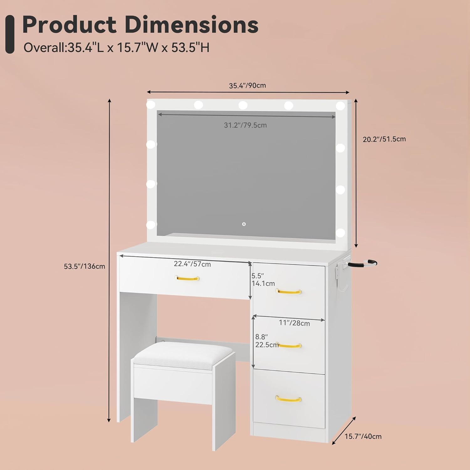 DWVO Makeup Vanity with LED Mirror and Charging Ports, 10-Drawer Vanity Set with Glass Top, Hair Dryer Holder, 3 Adjustable Light Colors, and Hidden Storage Stool
