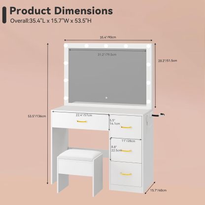 DWVO Makeup Vanity with LED Mirror and Charging Ports, 10-Drawer Vanity Set with Glass Top, Hair Dryer Holder, 3 Adjustable Light Colors, and Hidden Storage Stool