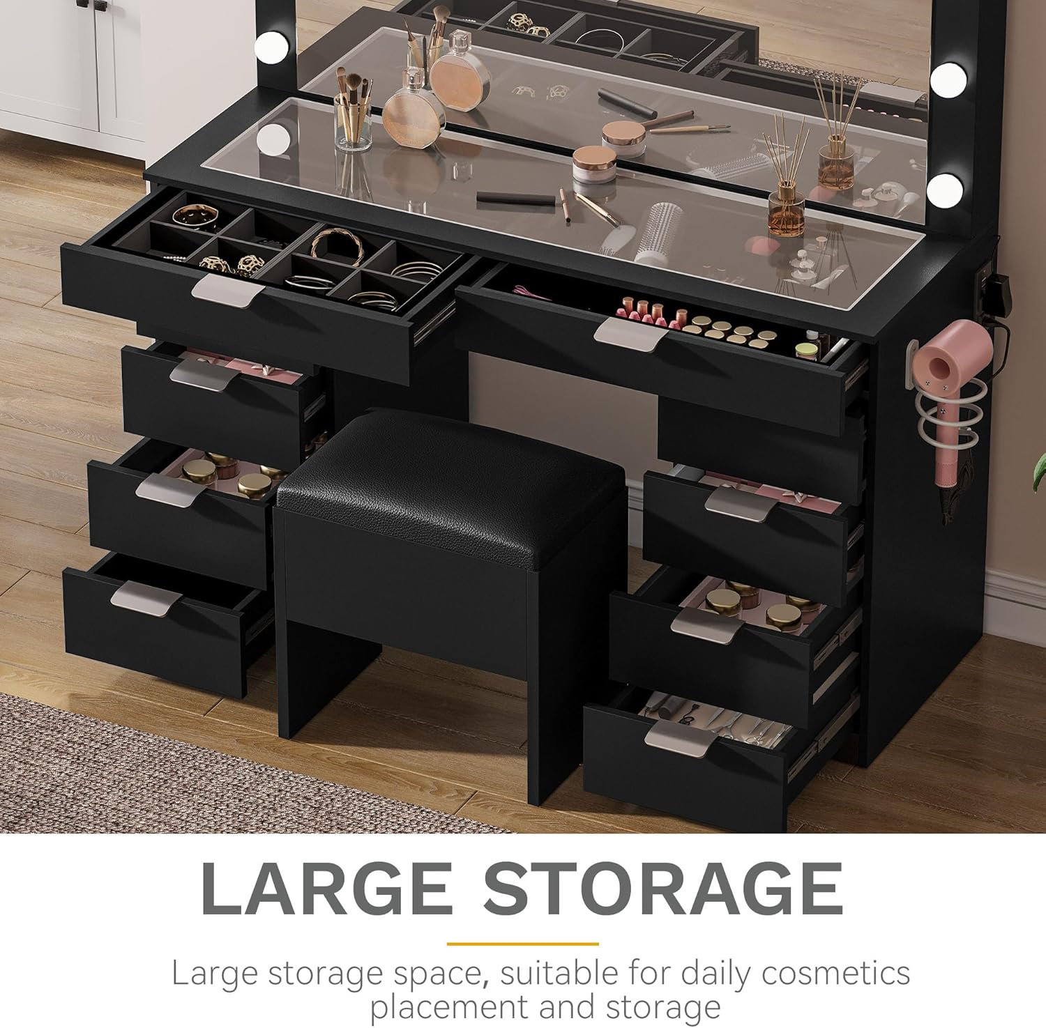 DWVO Makeup Vanity with LED Mirror and Charging Ports, 10-Drawer Vanity Set with Glass Top, Hair Dryer Holder, 3 Adjustable Light Colors, and Hidden Storage Stool