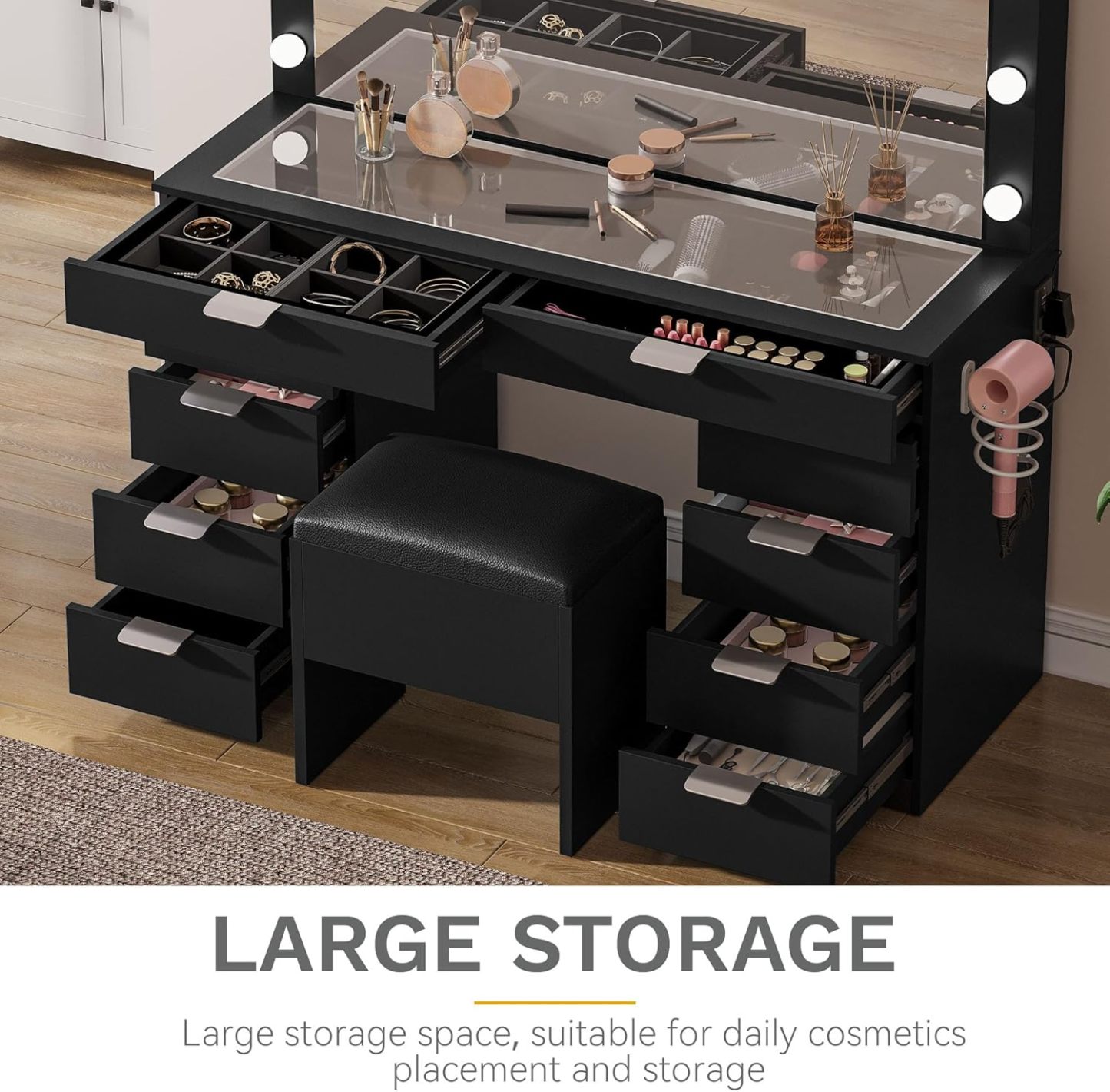 DWVO Makeup Vanity with LED Mirror and Charging Ports, 10-Drawer Vanity Set with Glass Top, Hair Dryer Holder, 3 Adjustable Light Colors, and Hidden Storage Stool