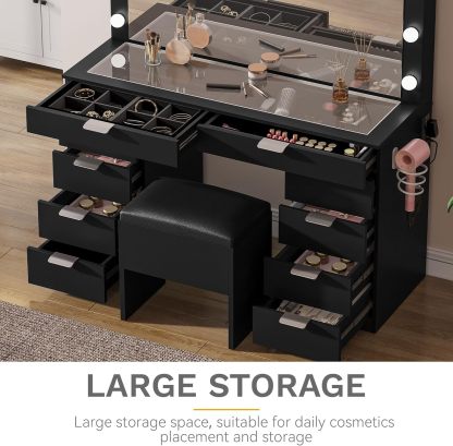 DWVO Makeup Vanity with LED Mirror and Charging Ports, 10-Drawer Vanity Set with Glass Top, Hair Dryer Holder, 3 Adjustable Light Colors, and Hidden Storage Stool