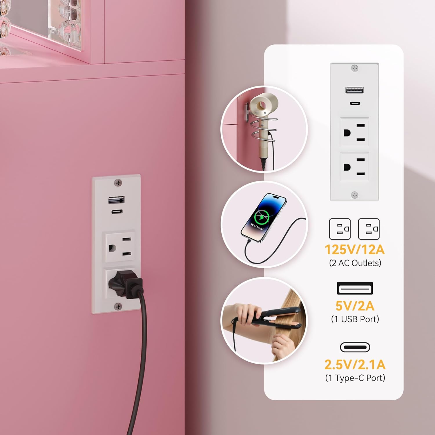 DWVO Makeup Vanity with LED Mirror and Charging Ports, 10-Drawer Vanity Set with Glass Top, Hair Dryer Holder, 3 Adjustable Light Colors, and Hidden Storage Stool