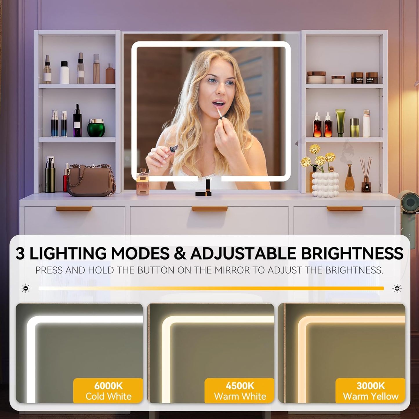 DWVO Makeup Vanity with LED Mirror and Charging Ports, 10-Drawer Vanity Set with Glass Top, Hair Dryer Holder, 3 Adjustable Light Colors, and Hidden Storage Stool