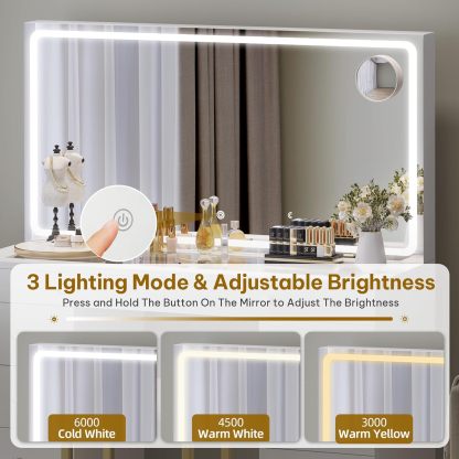 DWVO Makeup Vanity with LED Mirror and Charging Ports, 10-Drawer Vanity Set with Glass Top, Hair Dryer Holder, 3 Adjustable Light Colors, and Hidden Storage Stool