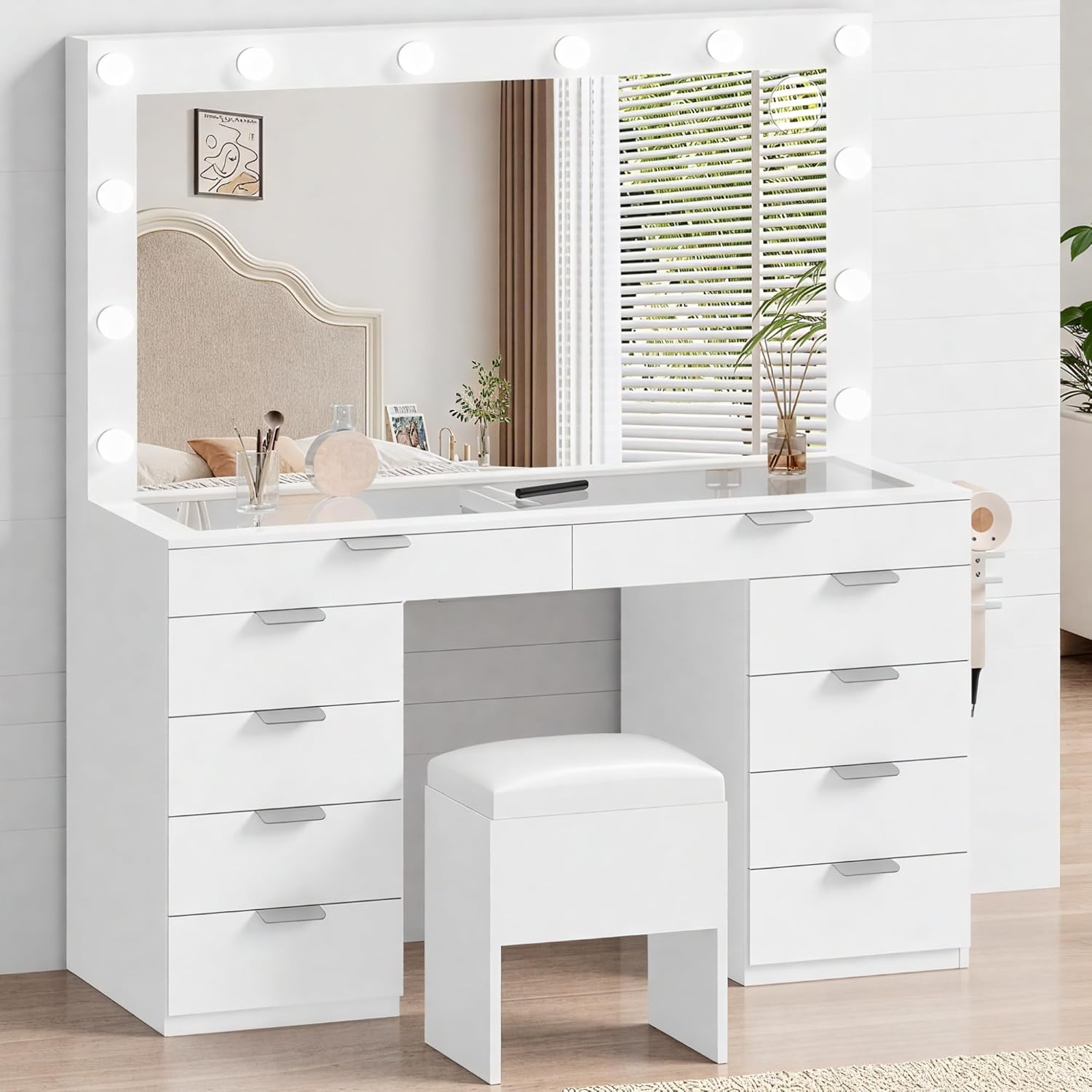 DWVO Makeup Vanity with LED Mirror and Charging Ports, 10-Drawer Vanity Set with Glass Top, Hair Dryer Holder, 3 Adjustable Light Colors, and Hidden Storage Stool