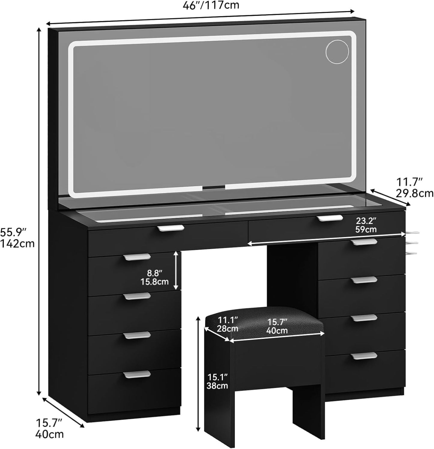 DWVO Makeup Vanity with LED Mirror and Charging Ports, 10-Drawer Vanity Set with Glass Top, Hair Dryer Holder, 3 Adjustable Light Colors, and Hidden Storage Stool