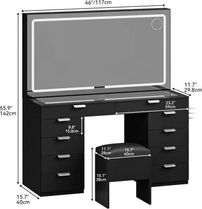 DWVO Makeup Vanity with LED Mirror and Charging Ports, 10-Drawer Vanity Set with Glass Top, Hair Dryer Holder, 3 Adjustable Light Colors, and Hidden Storage Stool
