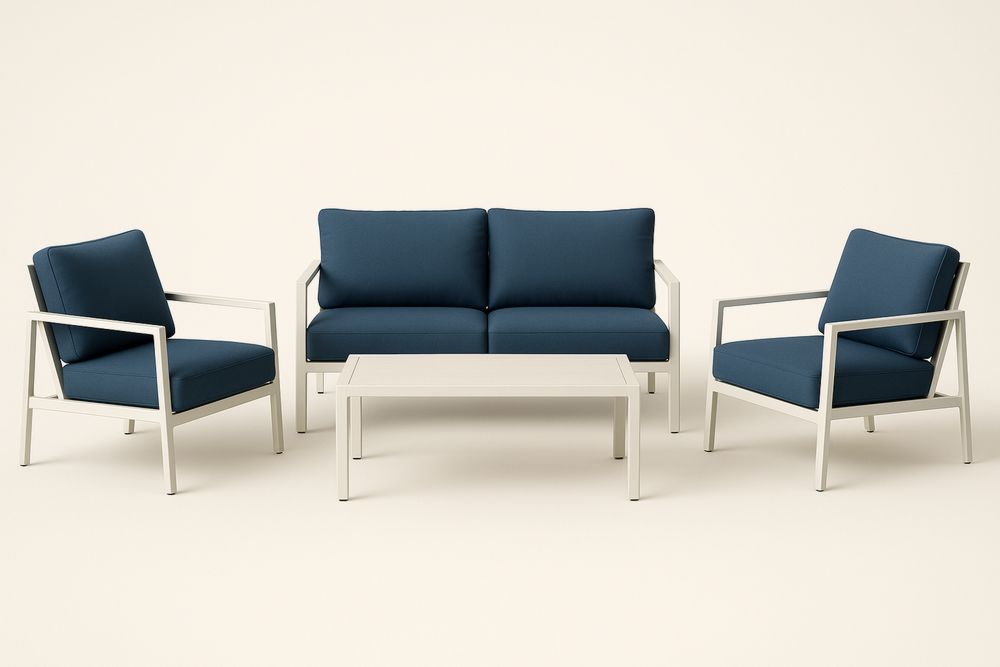 Zestaw mebli ogrodowych aluminiowy z niebieskimi poduszkami