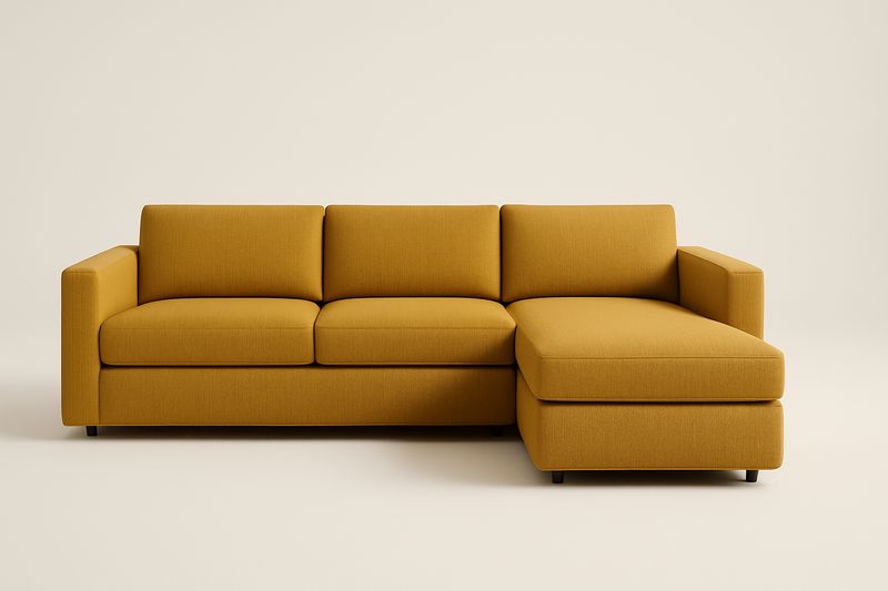 Sofa 3-osobowa 270×150×85 cm, tapicerka poliester, pianka PU, rama drewno bukowe, nogi plastikowe, kolor musztardowy