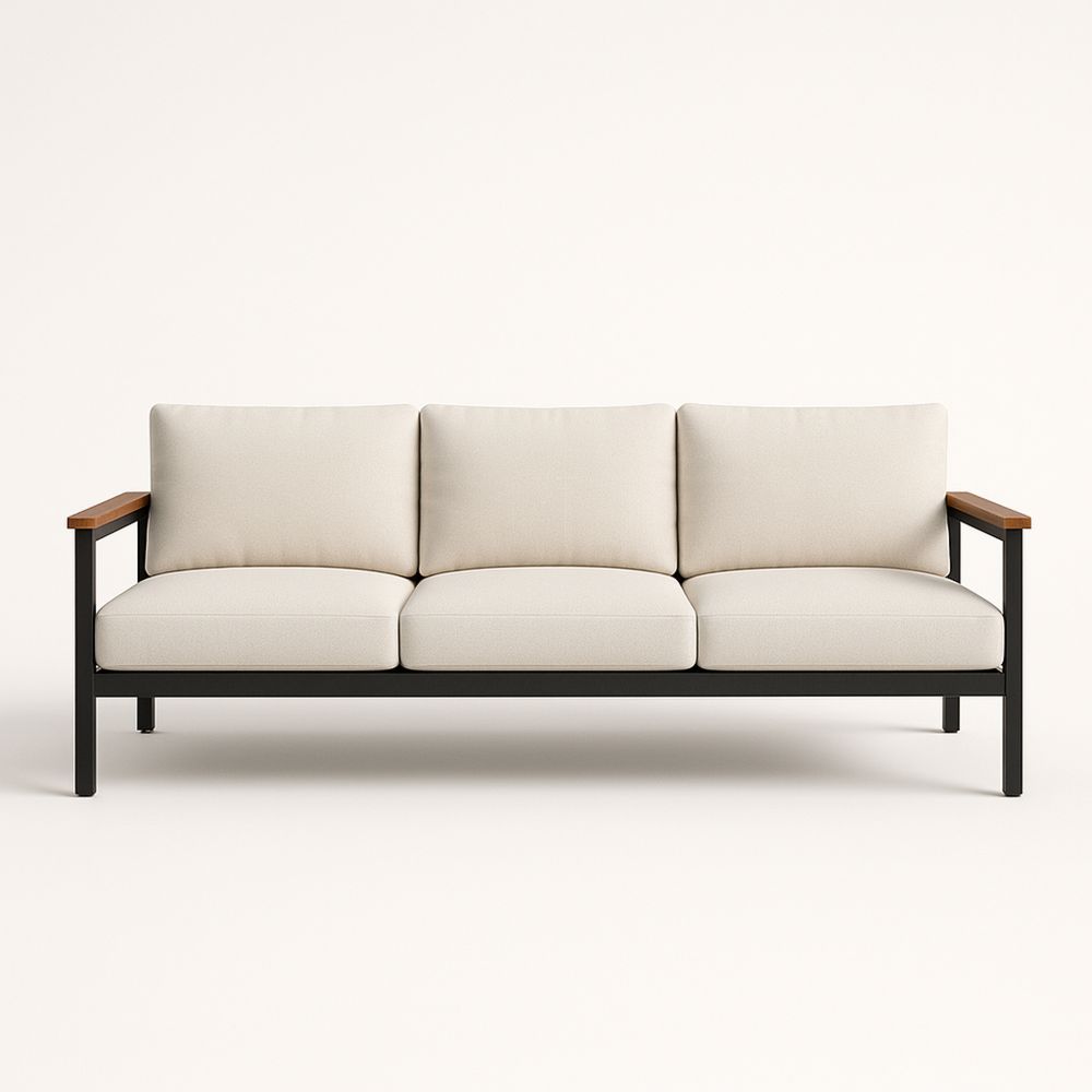 Sofa trzyosobowa beżowa metalowa z drewnianymi podłokietnikami