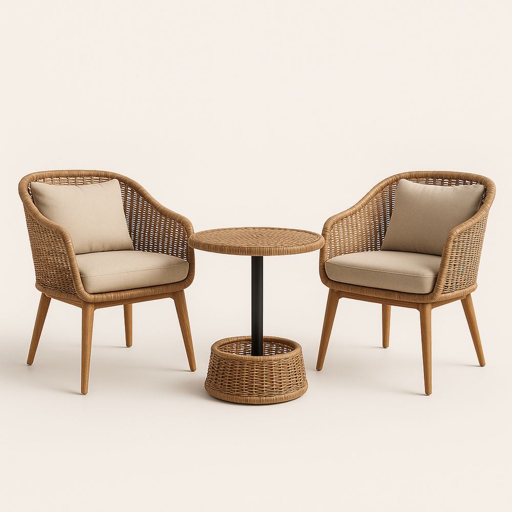 Zestaw mebli ogrodowych rattanowych 2 krzesła i stolik okrągły brązowy rattan stal