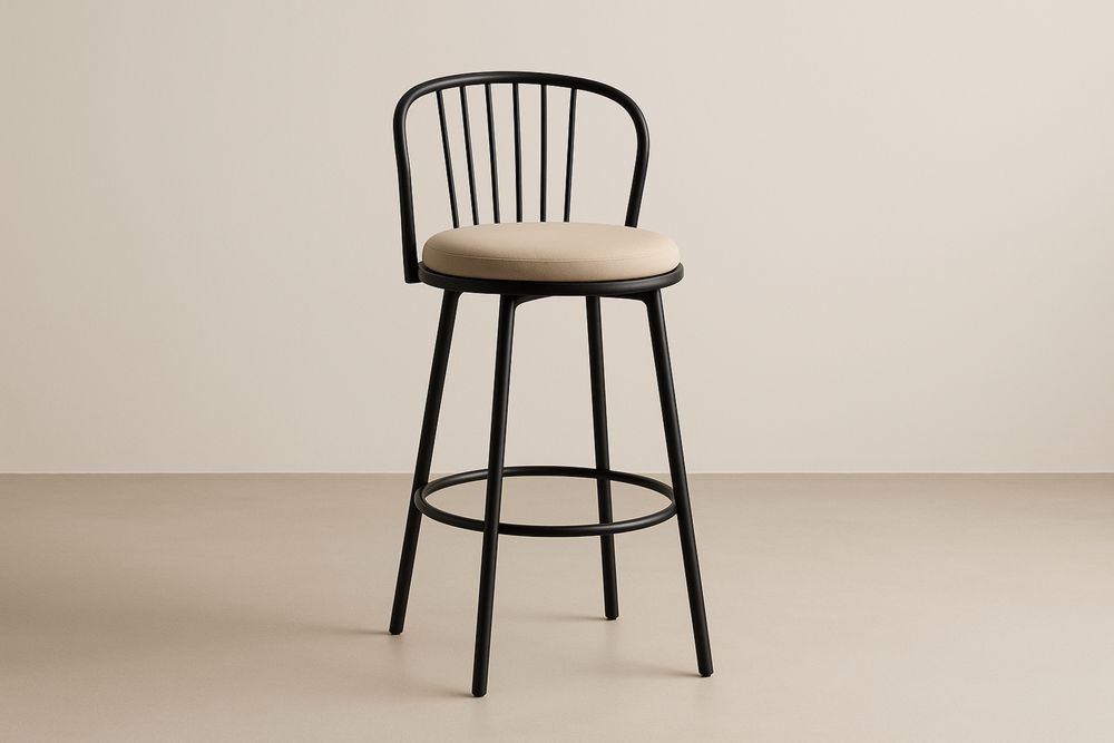 Krzesło barowe metalowe z oparciem i beżowym siedziskiem tapicerowanym
