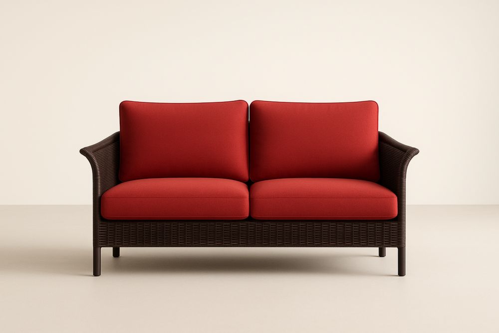 Dwuosobowa sofa z syntetycznego rattanu z czerwonymi poduszkami