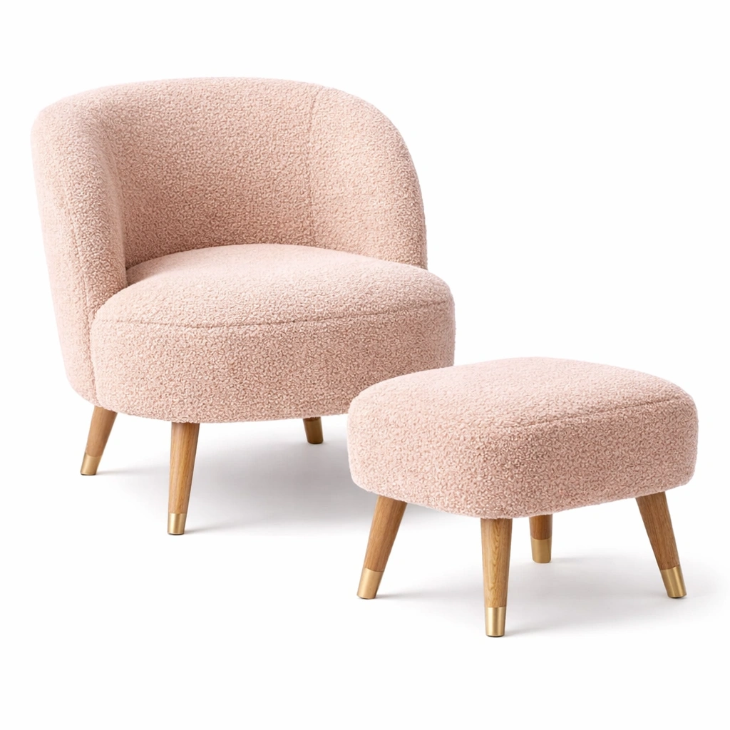 Fauteuil avec repose-pieds tissu boucl C Rose clair-cozivoe