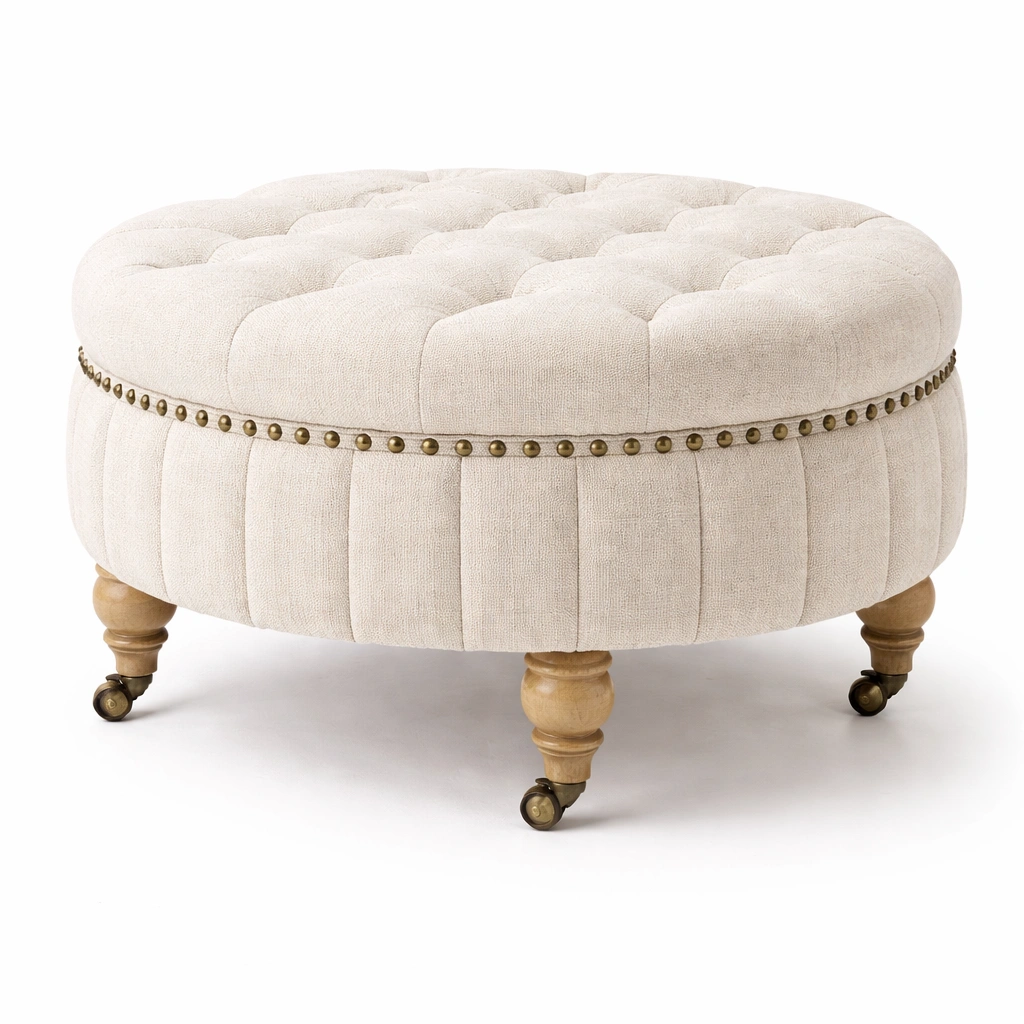 Pouf capitonn classique avec roulettes C Beige-cozivoe