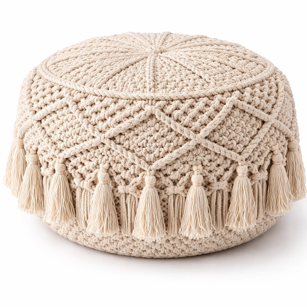 Pouf tricot bohme avec franges C Beige-cozivoe
