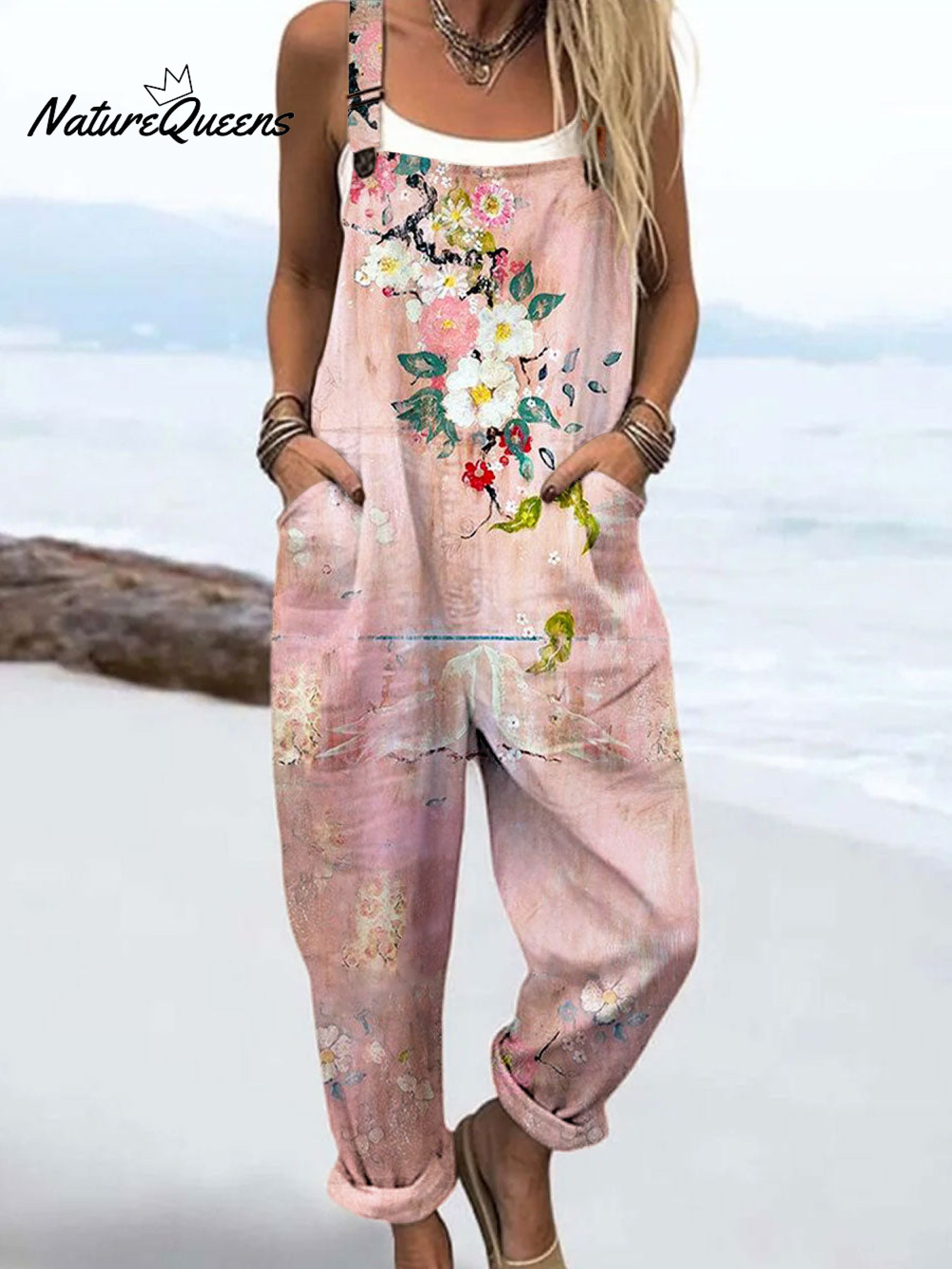 Women's Vintage Floral Art Print Casual 100% Cotton Wide Leg Jumpsuit-Soliroyal