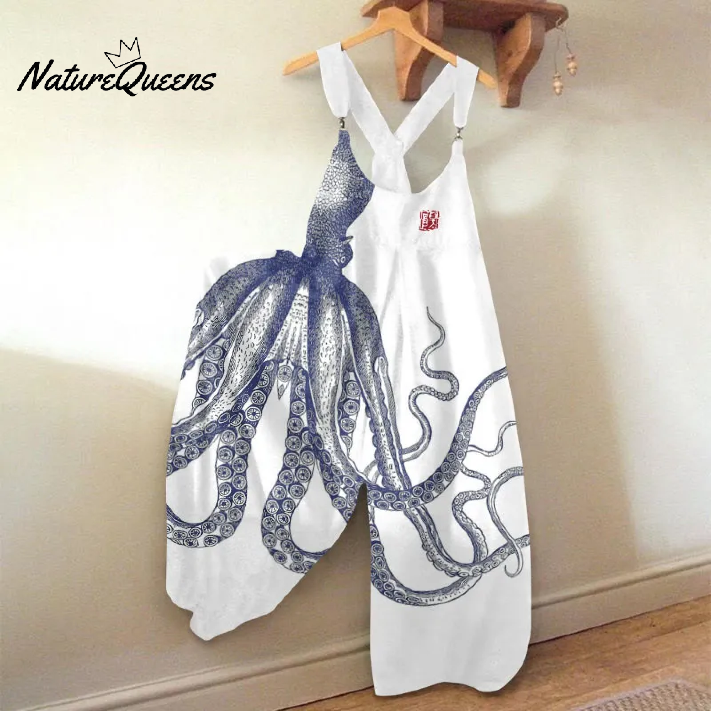 Vintage Japanese Art Octopus Print Loose Casual Jumpsuit-Soliroyal