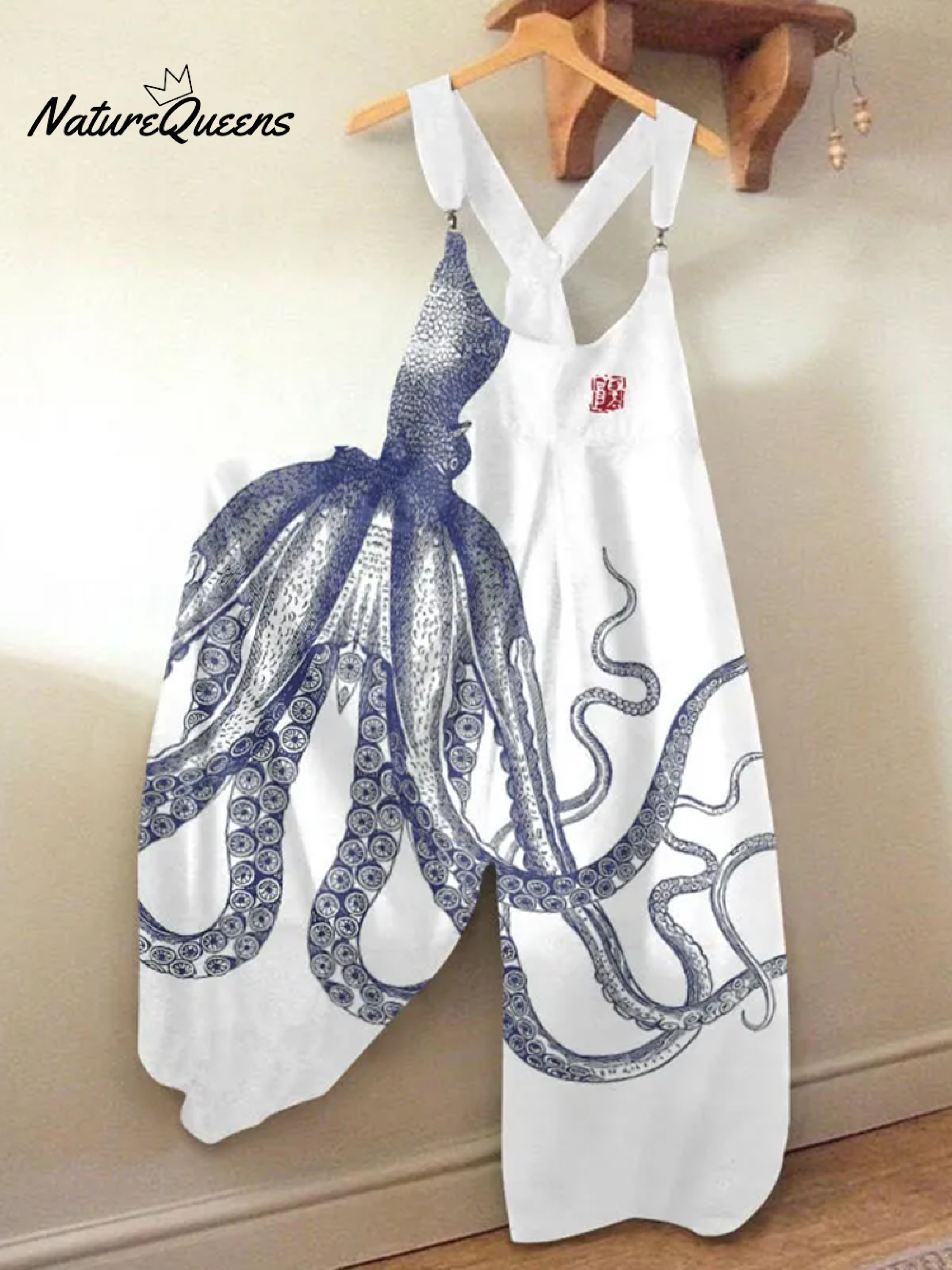 Vintage Japanese Art Octopus Print Loose Casual Jumpsuit-Soliroyal