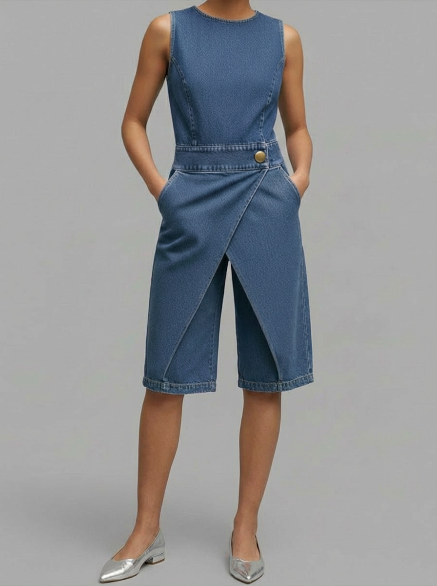 Women's Round Neck Sleeveless Casual Loose Denim Wide-leg Jumpsuit-Soliroyal
