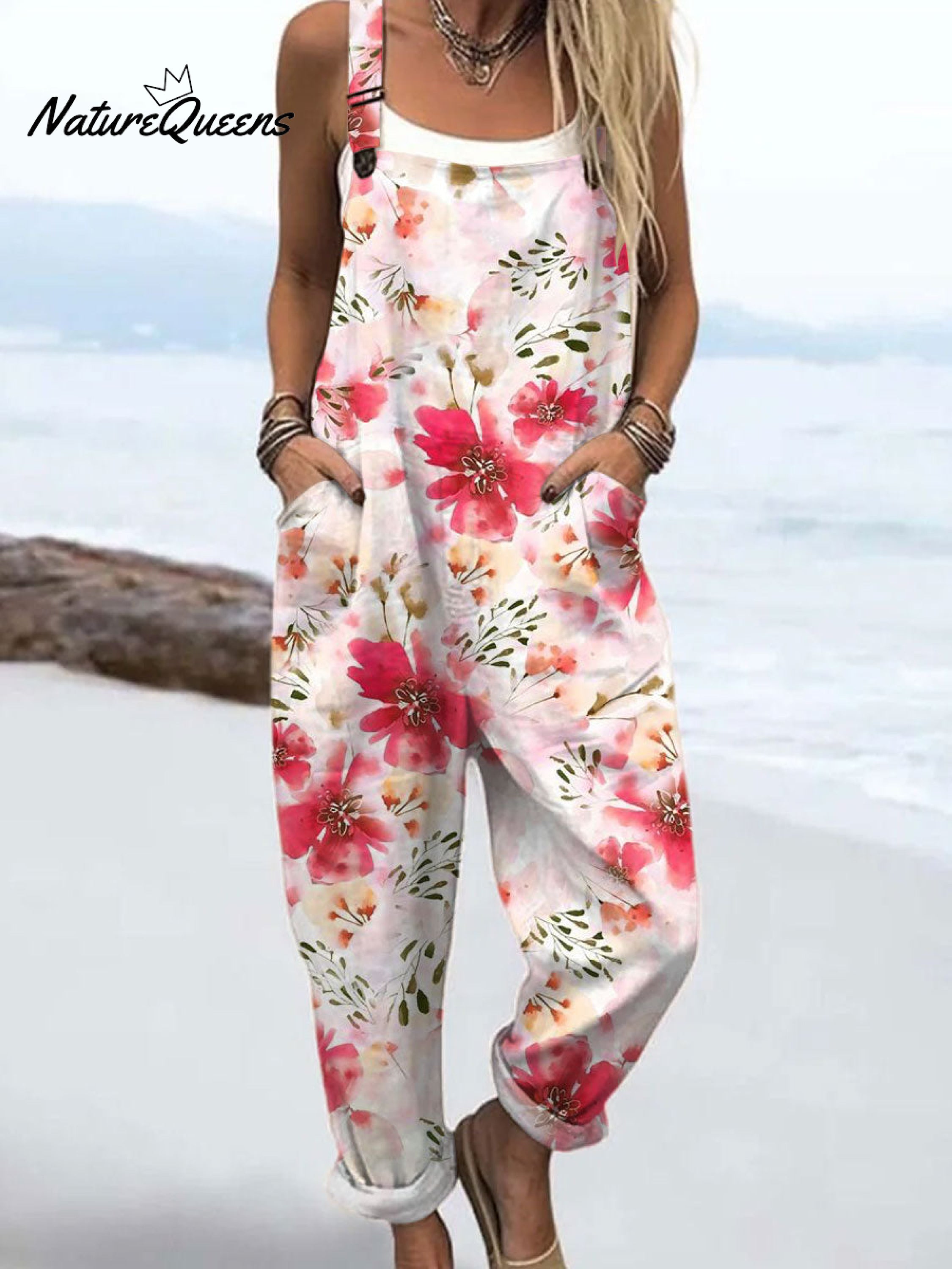 Women's  Vintage Flowers Art Print Casual 100% Cotton Wide Leg Jumpsuit-Soliroyal